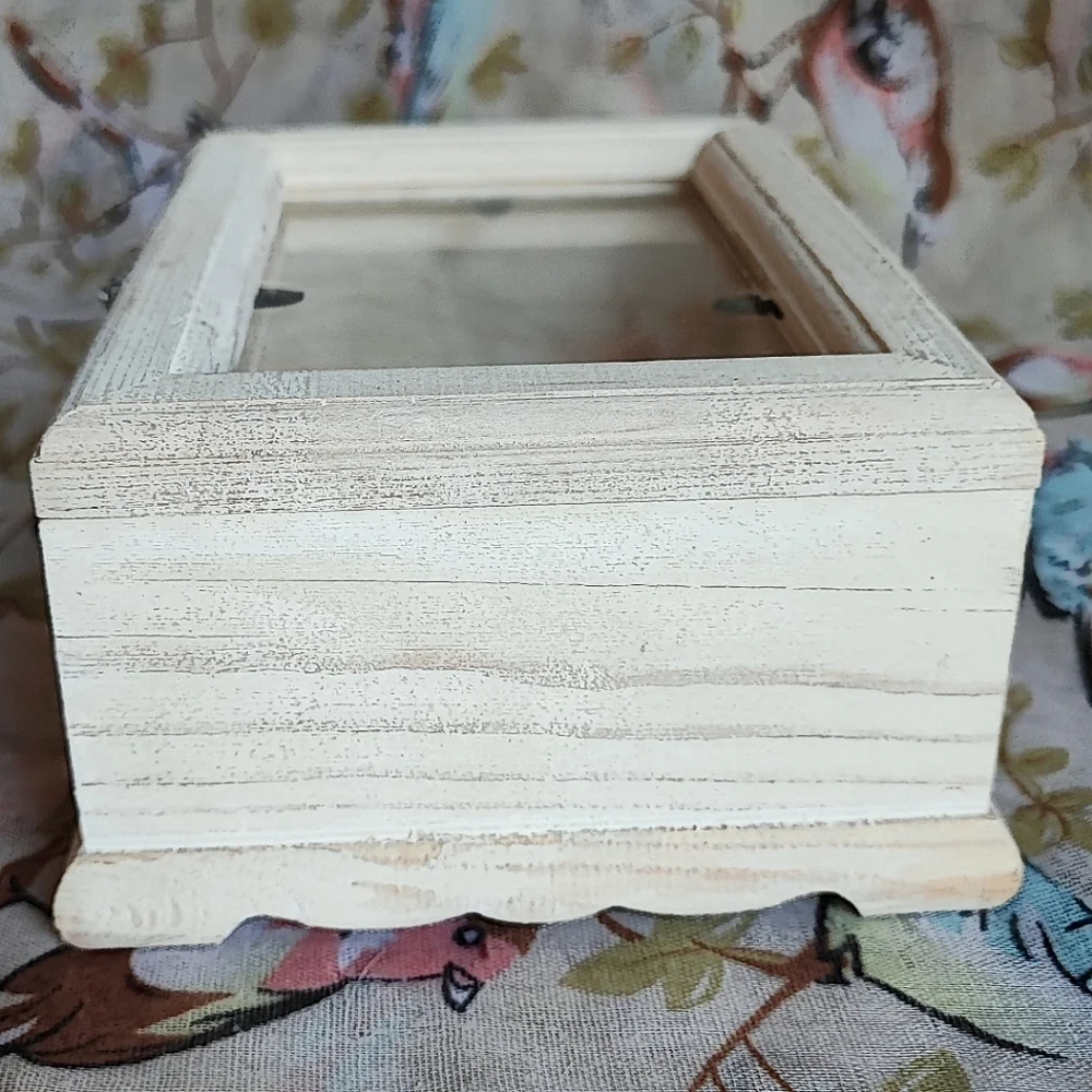 Raw Wood Unfinished Wooden Wood Jewelry Craft Stash Box Glass Lid Photograph NEW